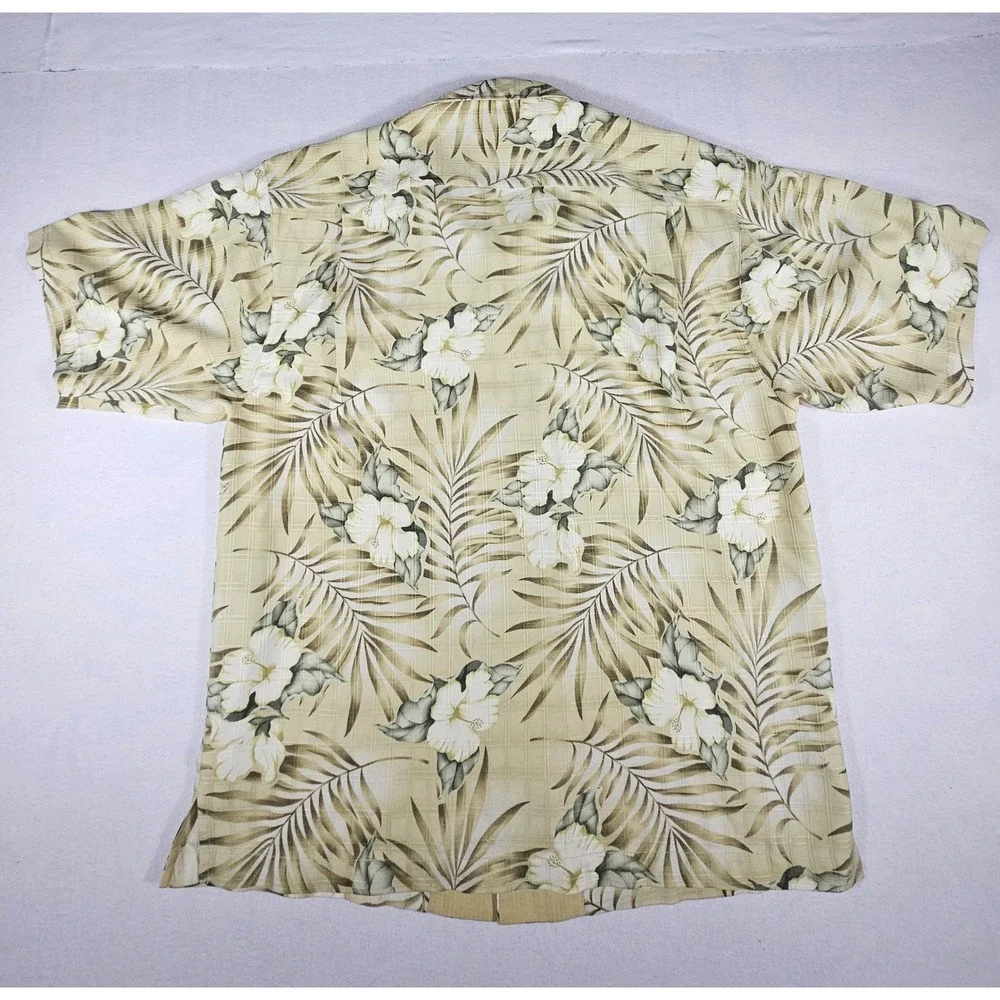Tommy Bahama Relax Mens Medium Silk Tropical Hibiscus Palm Camp‎ Shirt Beige Tan